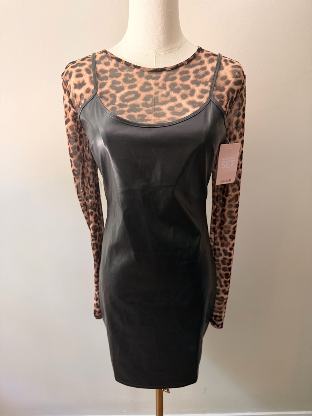 Faux Leather Black Slip Dress with Leopard Mesh Top